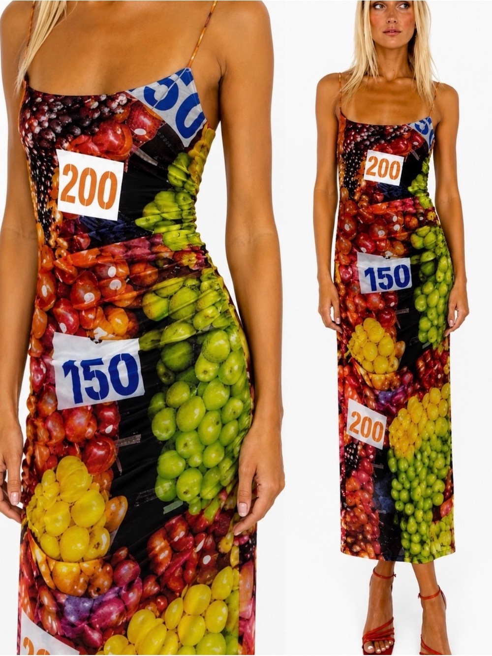 Zara Fruit Market Print Ruched Mesh Midi Slip Dress Medium festival blogger fav